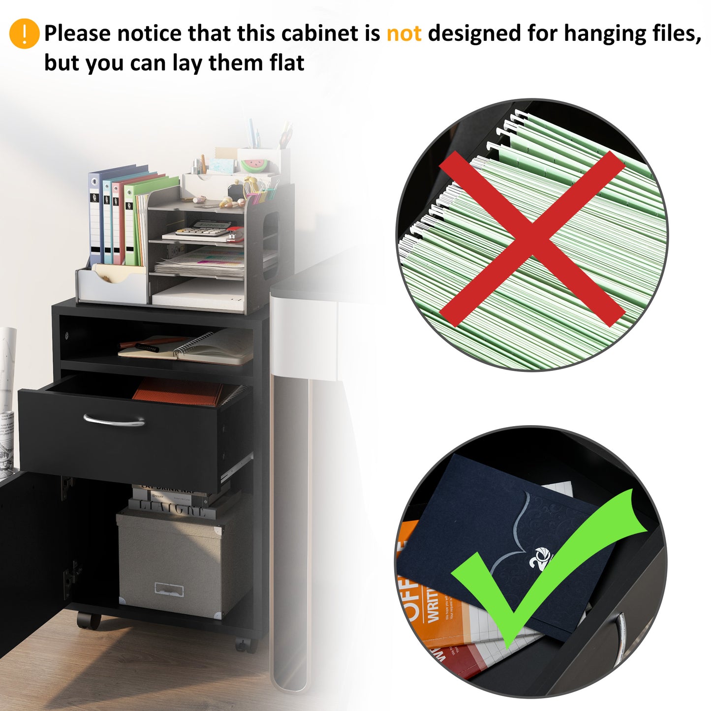 Black Mobile File Cabinet - Desk Storage Unit for Home Office