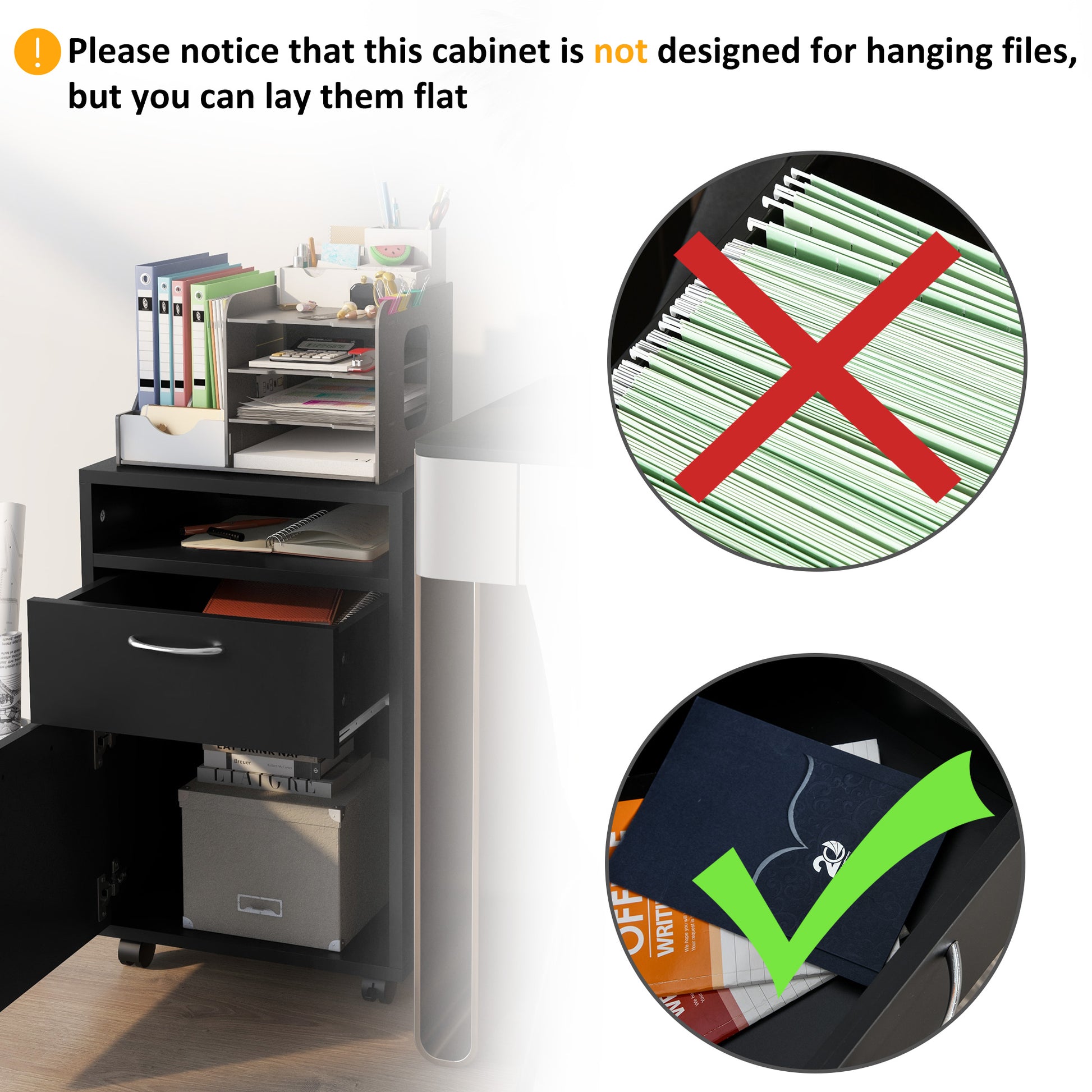 Black Mobile File Cabinet - Desk Storage Unit for Home Office