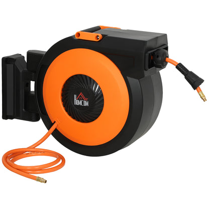 HOMCOM Retractable Air Hose Reel, Auto Rewind Air Compressor Hose Reel with Swivel Bracket, 3/8 in x 82 ft, 6.6 ft Lead in, 300 PSI, Black and Orange
