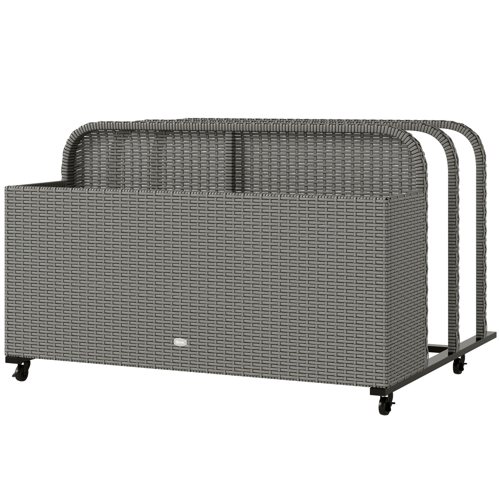 Outsunny Wicker Pool Float Storage Organizer, PE Rattan Outdoor Pool Float Holder with Rolling Wheels & Storage Rack, Mixed Gray