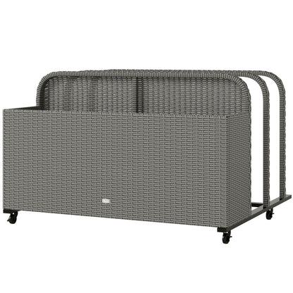 Outsunny Wicker Pool Float Storage Organizer, PE Rattan Outdoor Pool Float Holder with Rolling Wheels & Storage Rack, Mixed Gray