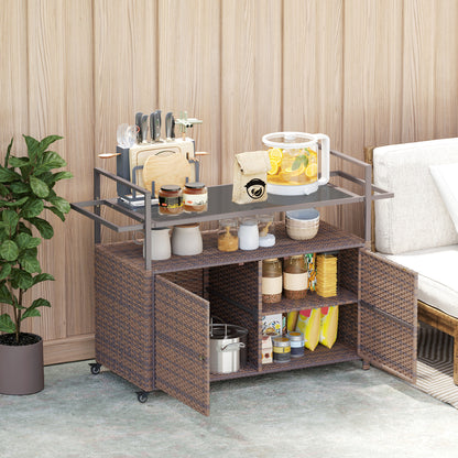 Brown Steel Outdoor Bar Cart with Glass Top for Garden Entertaining