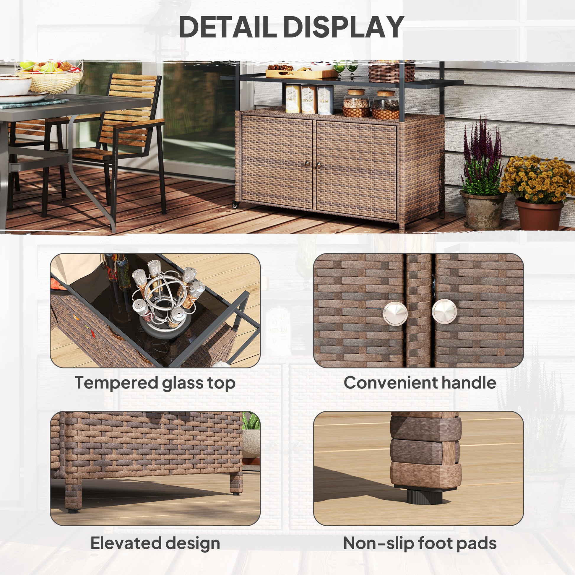 Brown Steel Outdoor Bar Cart with Glass Top for Garden Entertaining