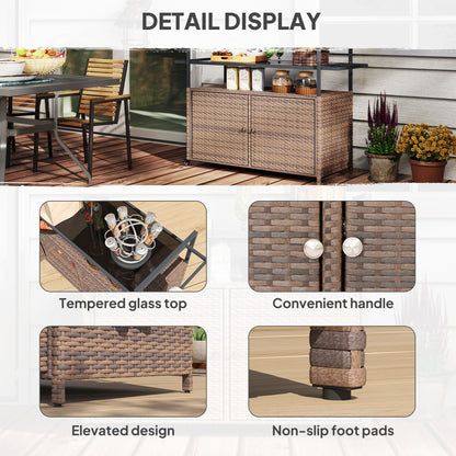 Brown Steel Outdoor Bar Cart with Glass Top for Garden Entertaining