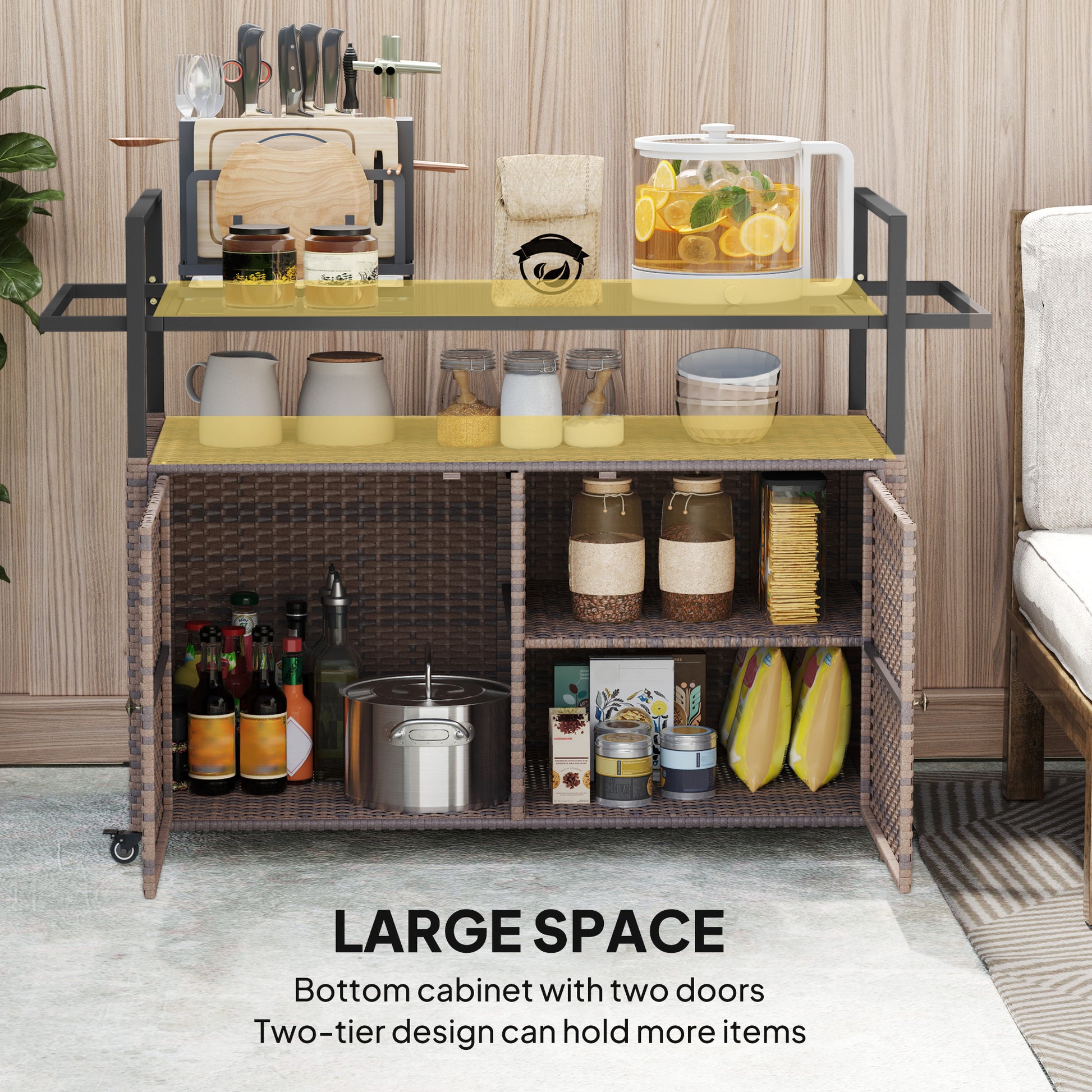 Brown Steel Outdoor Bar Cart with Glass Top for Garden Entertaining