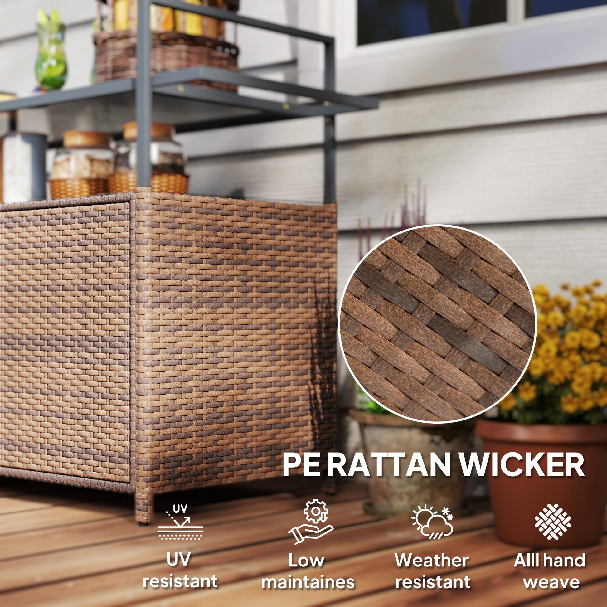 Brown Steel Outdoor Bar Cart with Glass Top for Garden Entertaining