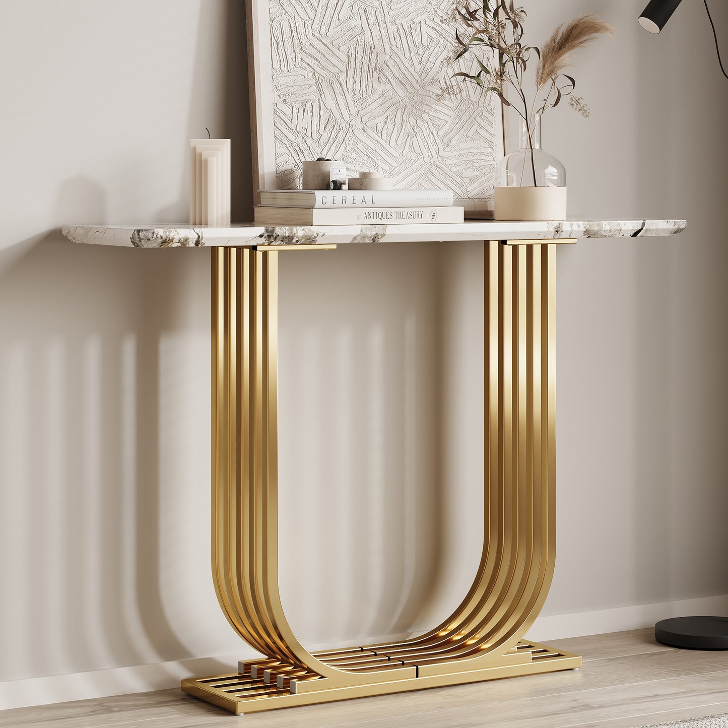43.3-inch Accent Table, Console,  Modern wooden imitation marble counter top Console Table, Narrow type, sofa, Living room, Bedroom