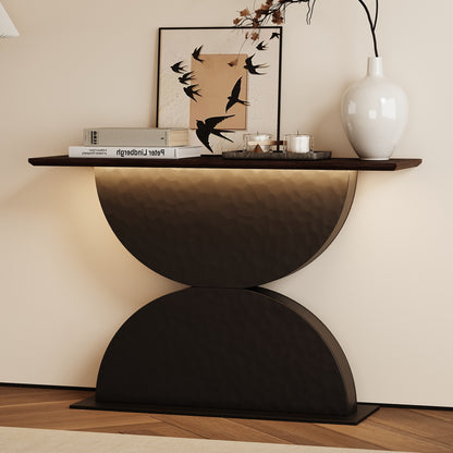 47''Double Semi-Circles 3d Hammer-Shaped Texture Base Wood Console Table With Led Light Entryway Table Modern Console Table,Sofa Console Tables For Living Room