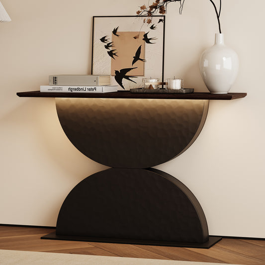47''Double Semi-Circles 3d Hammer-Shaped Texture Base Wood Console Table With Led Light Entryway Table Modern Console Table,Sofa Console Tables For Living Room
