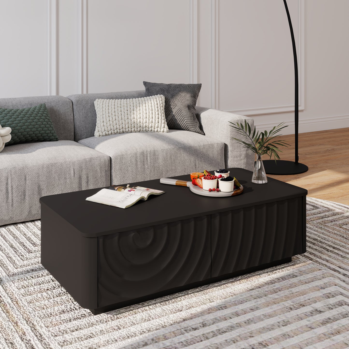 47'' Rectangle Coffee Table With Storage Modern Classic Square Spiral Grain Coffee Tables For Living Room Coffee Table With 2 Drawers (Black)