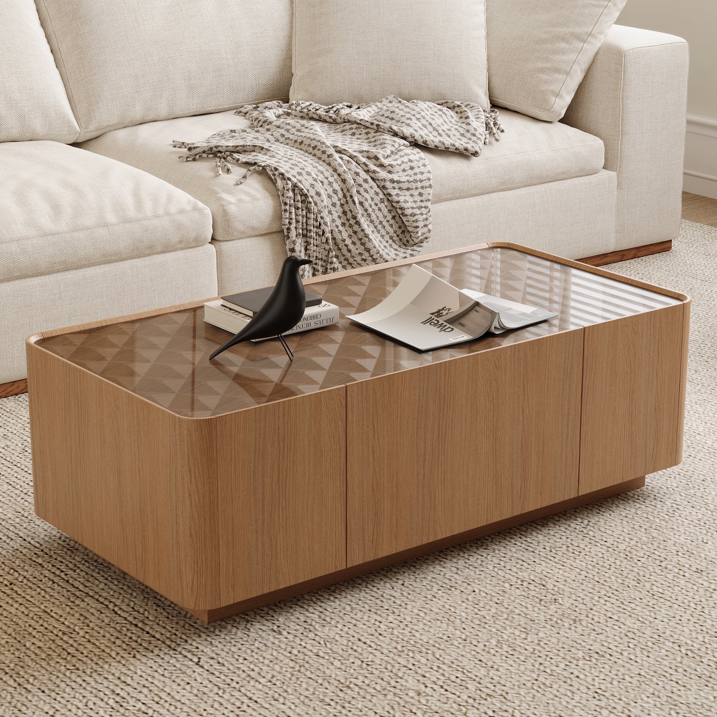 Natural Walnut Glass Coffee Table with Hidden Storage Drawers for Living Room
