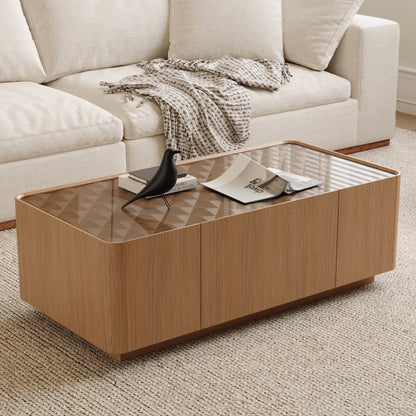 Natural Walnut Glass Coffee Table with Hidden Storage Drawers for Living Room