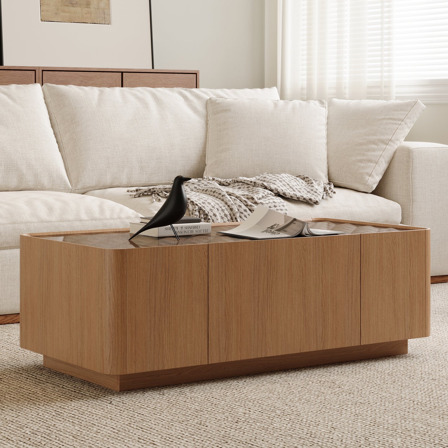 Natural Walnut Glass Coffee Table with Hidden Storage Drawers for Living Room