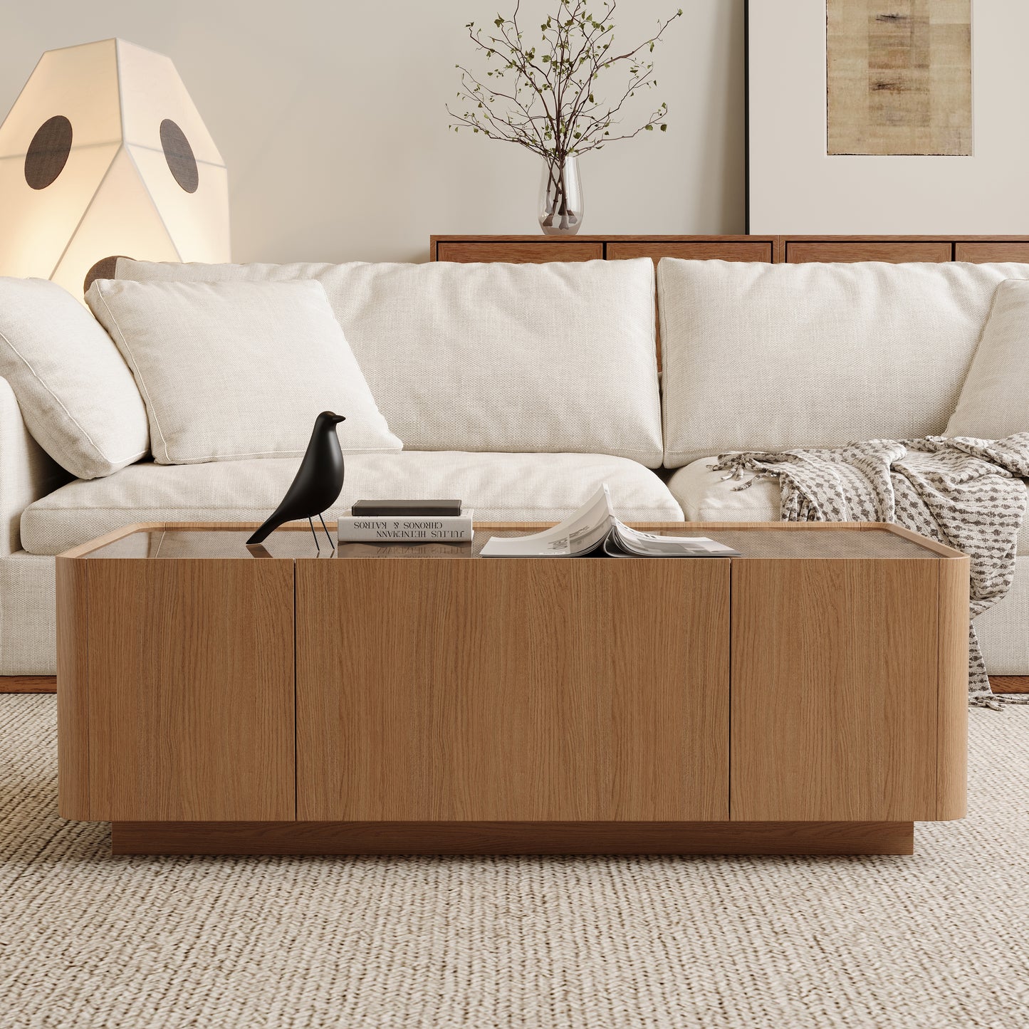 Natural Walnut Glass Coffee Table with Hidden Storage Drawers for Living Room
