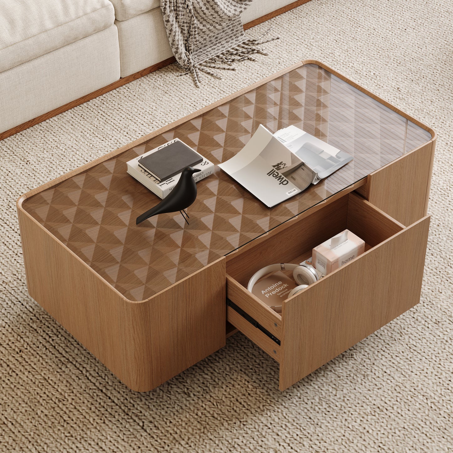 Natural Walnut Glass Coffee Table with Hidden Storage Drawers for Living Room