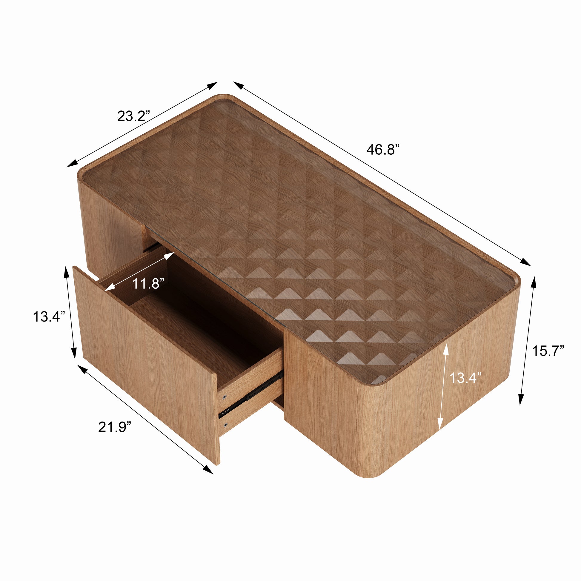 Natural Walnut Glass Coffee Table with Hidden Storage Drawers for Living Room