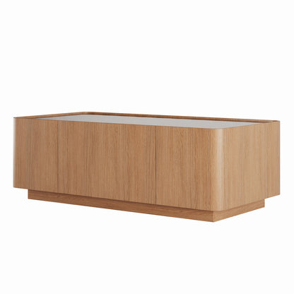 Natural Walnut Glass Coffee Table with Hidden Storage Drawers for Living Room