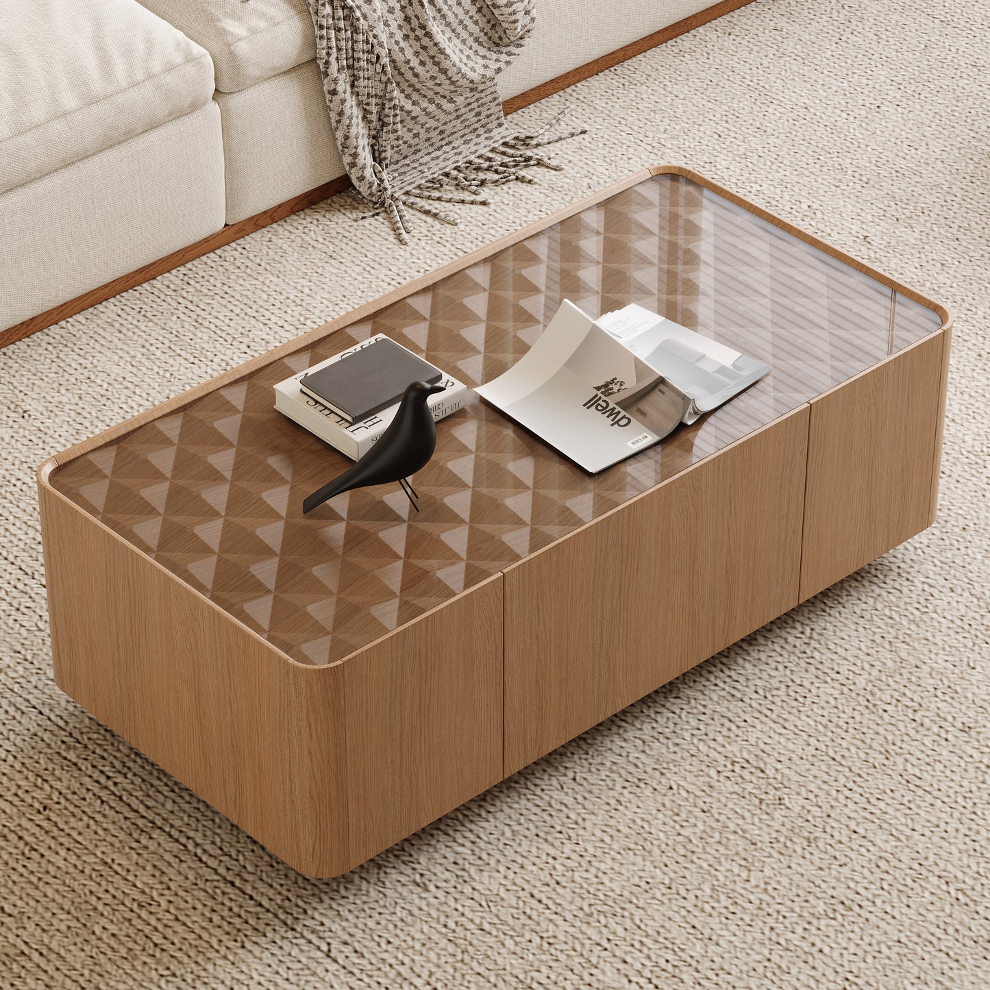 46.8" Mid-Century Modern Glass Top Coffee Table,Rectangular Center Table with Hidden Storage Drawers for Living Room,Contemporary Storage Coffee Table with Stable Base for Apartment Home(Light Walnut)