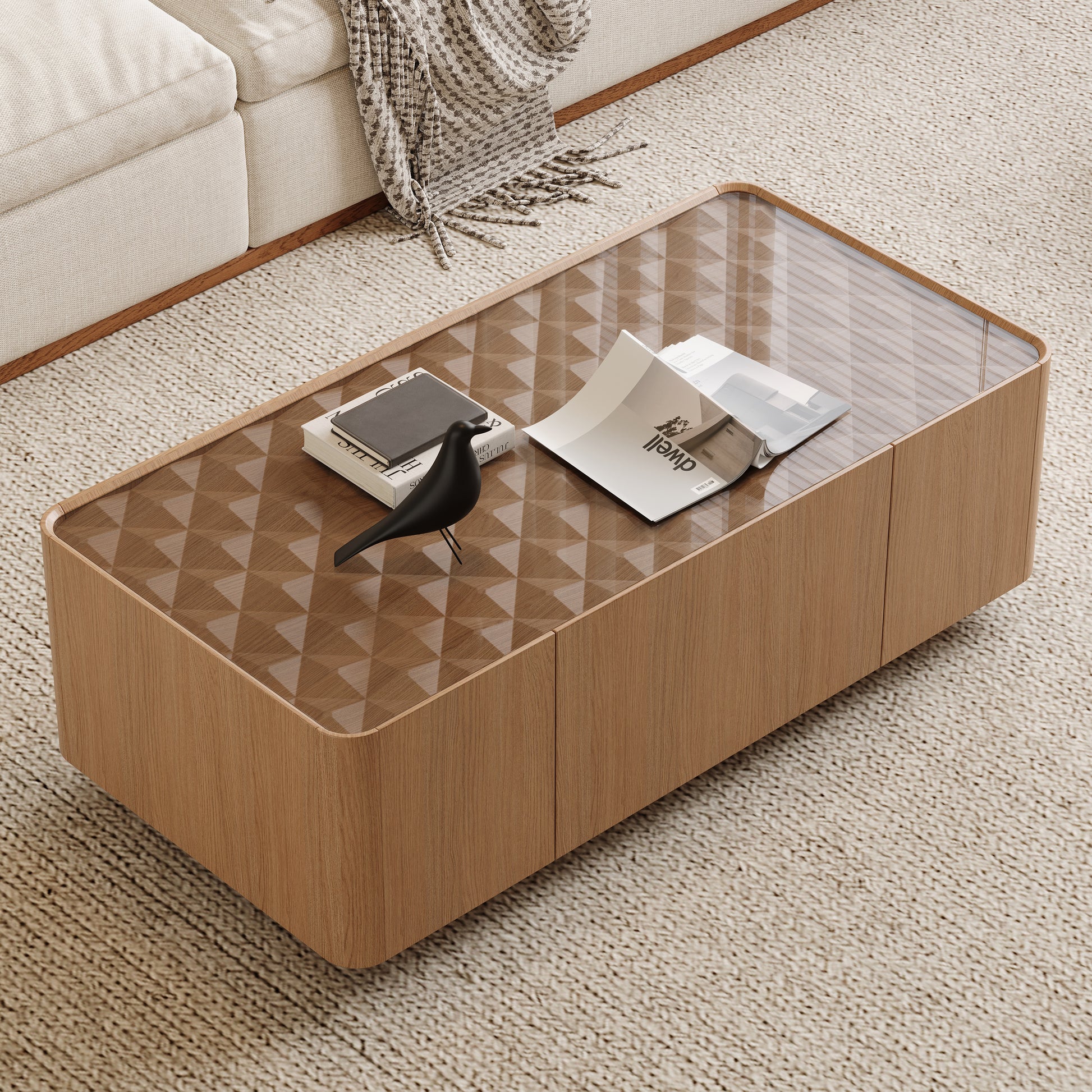 46.8" Mid-Century Modern Glass Top Coffee Table,Rectangular Center Table with Hidden Storage Drawers for Living Room,Contemporary Storage Coffee Table with Stable Base for Apartment Home(Light Walnut)