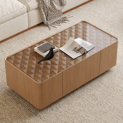 46.8" Mid-Century Modern Glass Top Coffee Table,Rectangular Center Table with Hidden Storage Drawers for Living Room,Contemporary Storage Coffee Table with Stable Base for Apartment Home(Light Walnut)