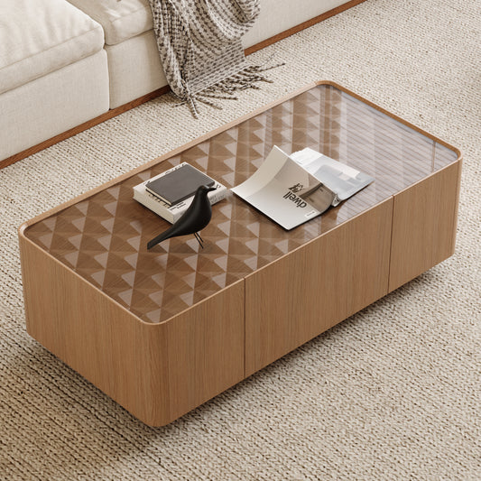 46.8" Mid-Century Modern Glass Top Coffee Table,Rectangular Center Table with Hidden Storage Drawers for Living Room,Contemporary Storage Coffee Table with Stable Base for Apartment Home(Light Walnut)