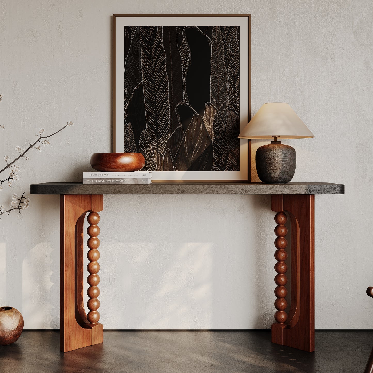 59'' Console Table for Living Room,Long Wood Sofa Table Behind Couch Table,Narrow Hallway Lacquered Accent Tables Unique Spherical Legs for Hallway, Living Room