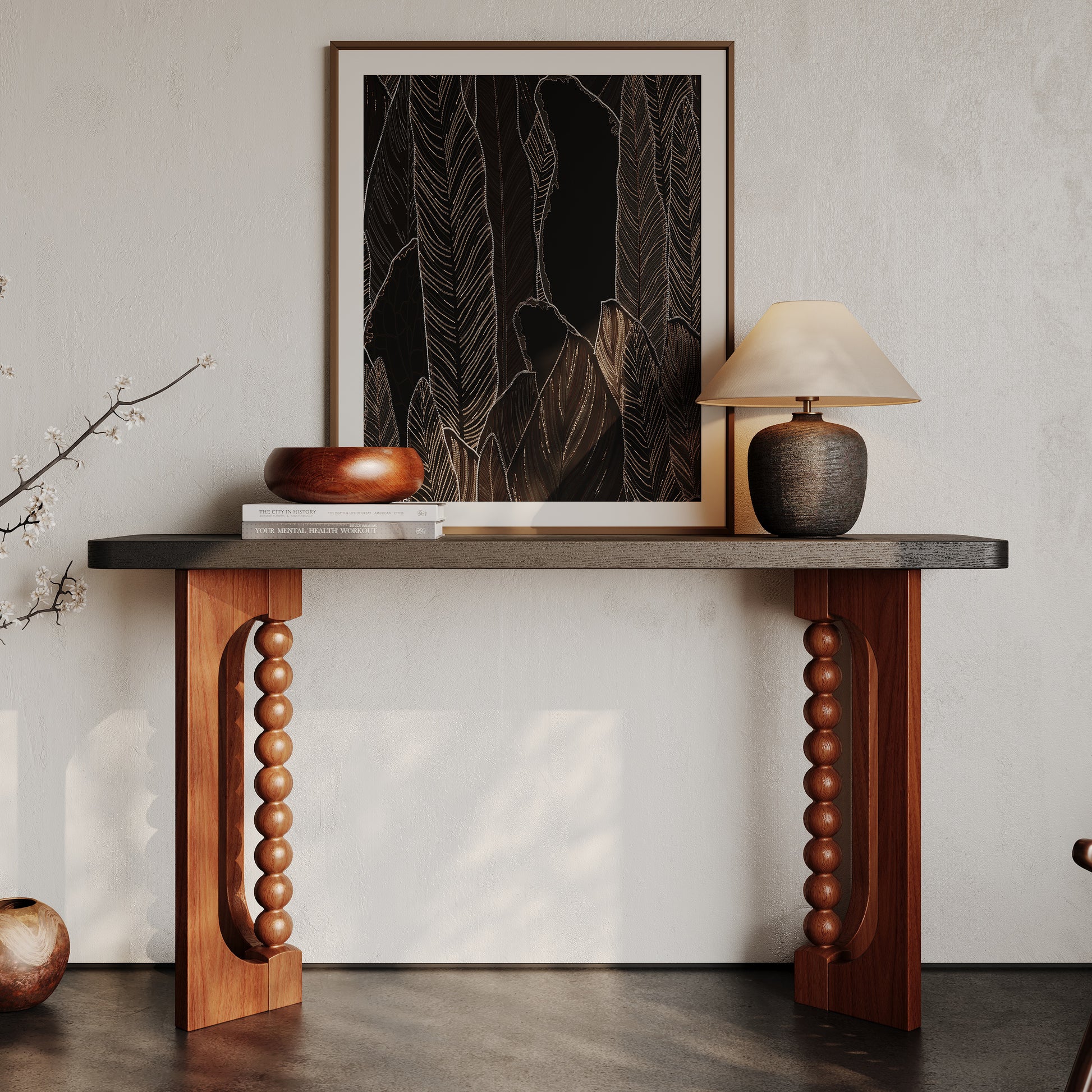 59'' Console Table for Living Room,Long Wood Sofa Table Behind Couch Table,Narrow Hallway Lacquered Accent Tables Unique Spherical Legs for Hallway, Living Room