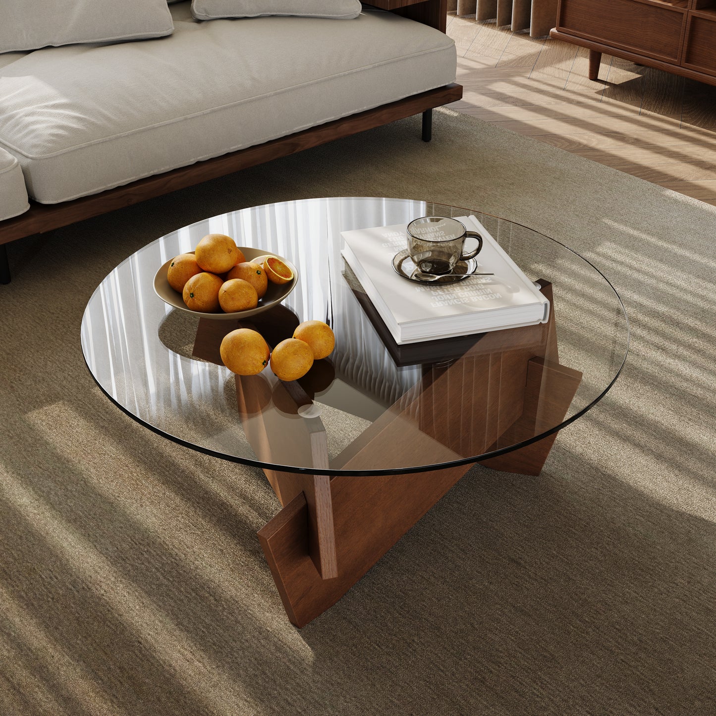 Modern Round Coffee Table for Living Room - Mid Century Center Table,35.4" x 35.4" x 14.7" Tempered Glass Top for Living Room,Home Coffee Table with Solid Wood Veneered