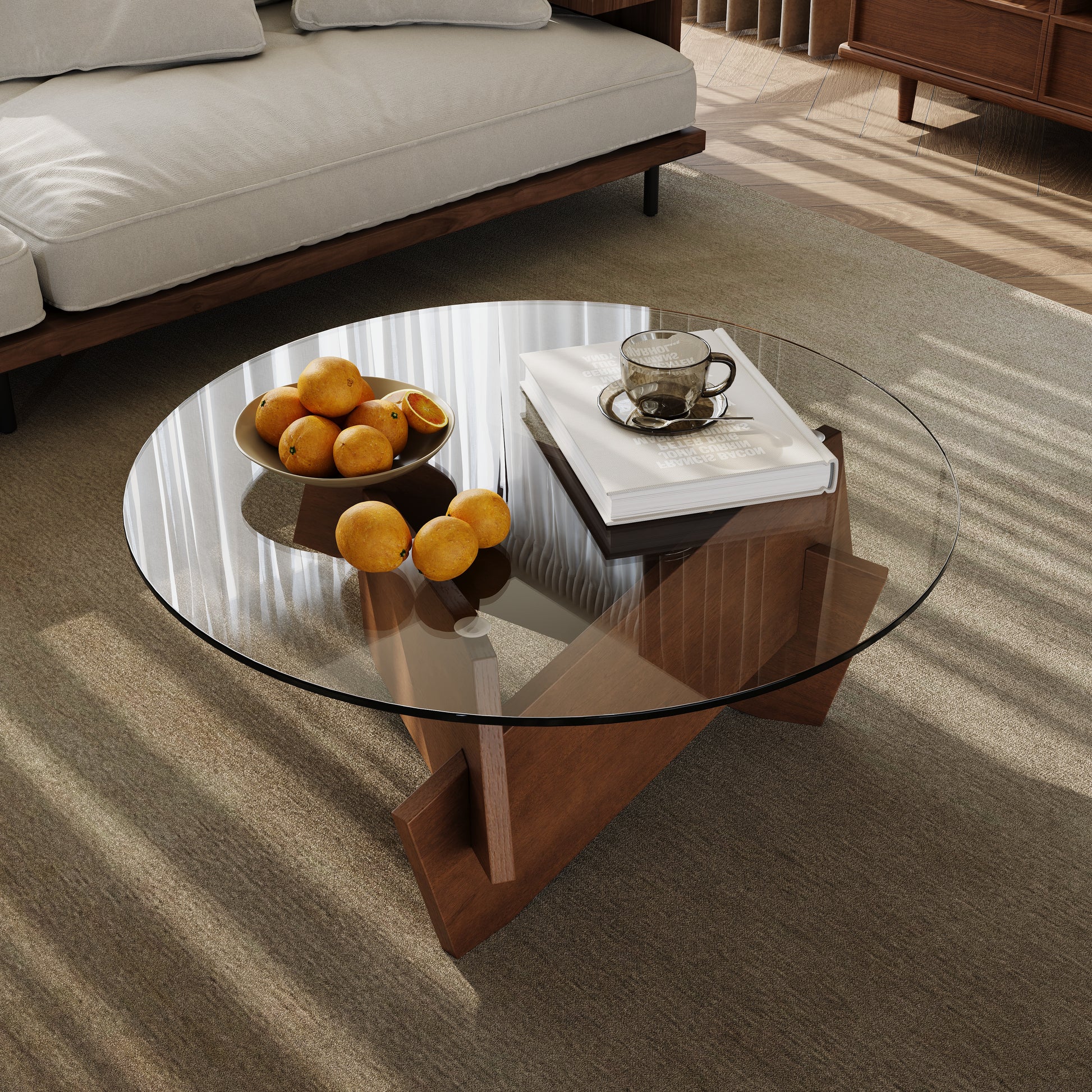 Modern Round Coffee Table for Living Room - Mid Century Center Table,35.4" x 35.4" x 14.7" Tempered Glass Top for Living Room,Home Coffee Table with Solid Wood Veneered