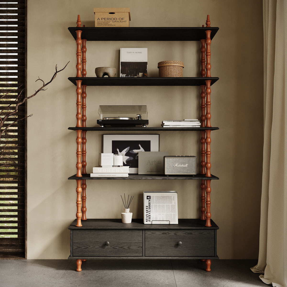 5-Tier Black Bookcase Shelf - 74.4" Tall Storage & Display Unit
