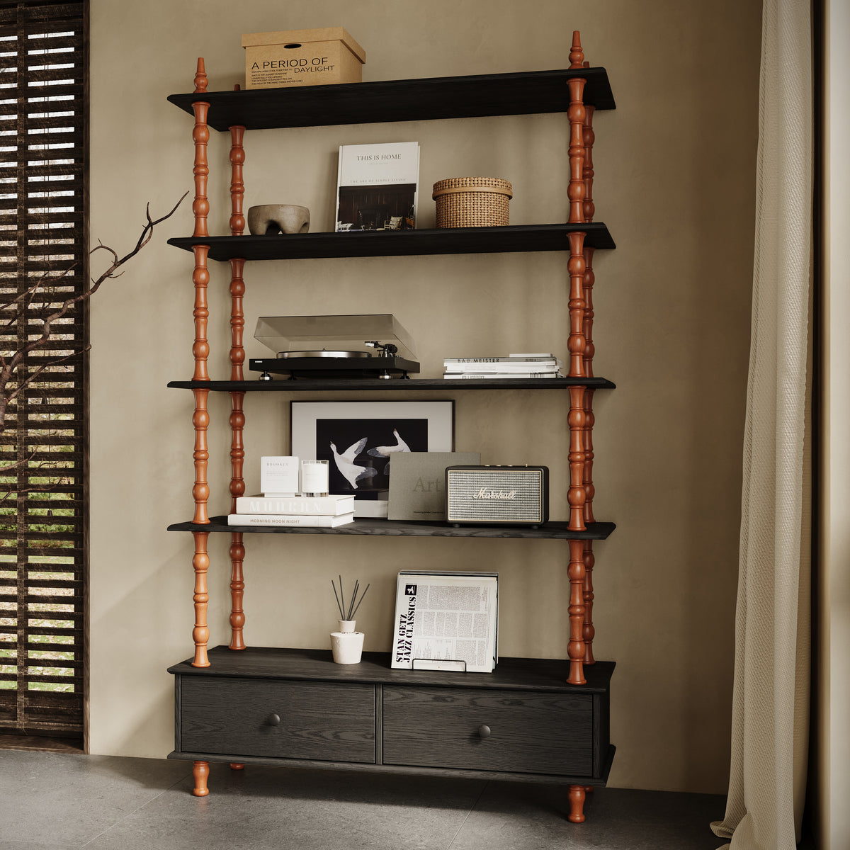 5-Tier Black Bookcase Shelf - 74.4" Tall Storage & Display Unit