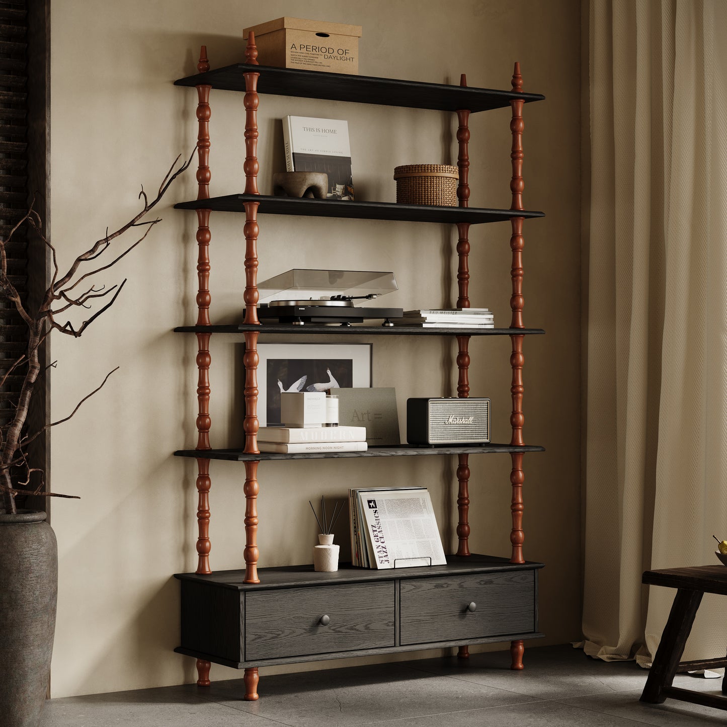 Bookcase Shelf Wood Book Shelf 74.4 Inch Tall,5 Tier Black Shelving Units and Storage Drawers, Modern Solid Wood Veneered Free Standing Shelves, Living Room, Study Room, Kitchen