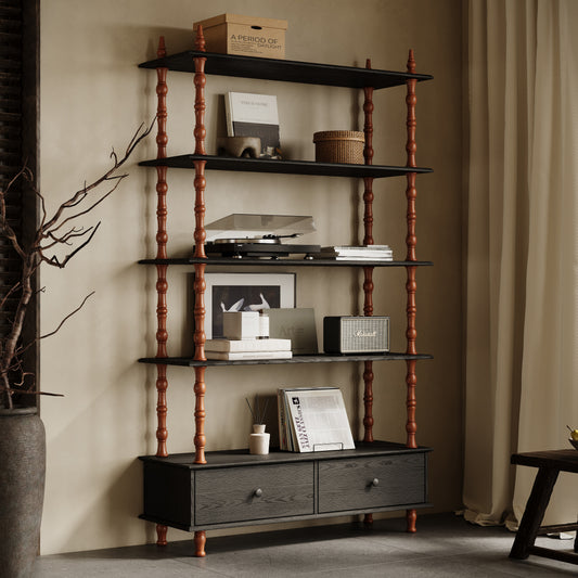 Bookcase Shelf Wood Book Shelf 74.4 Inch Tall,5 Tier Black Shelving Units and Storage Drawers, Modern Solid Wood Veneered Free Standing Shelves, Living Room, Study Room, Kitchen