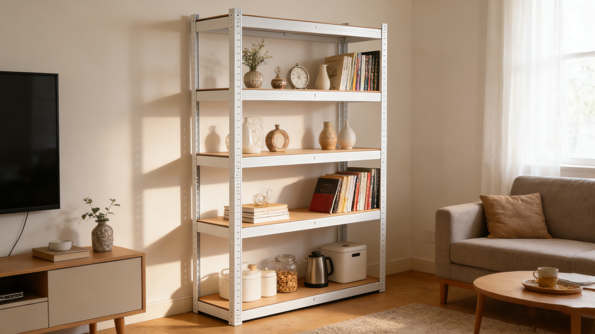 5-Tier White Metal Shelving Unit - Adjustable Storage Rack for Living Room