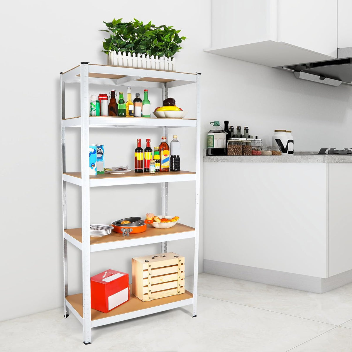 5-Tier White Metal Shelving Unit - Adjustable Storage Rack for Living Room
