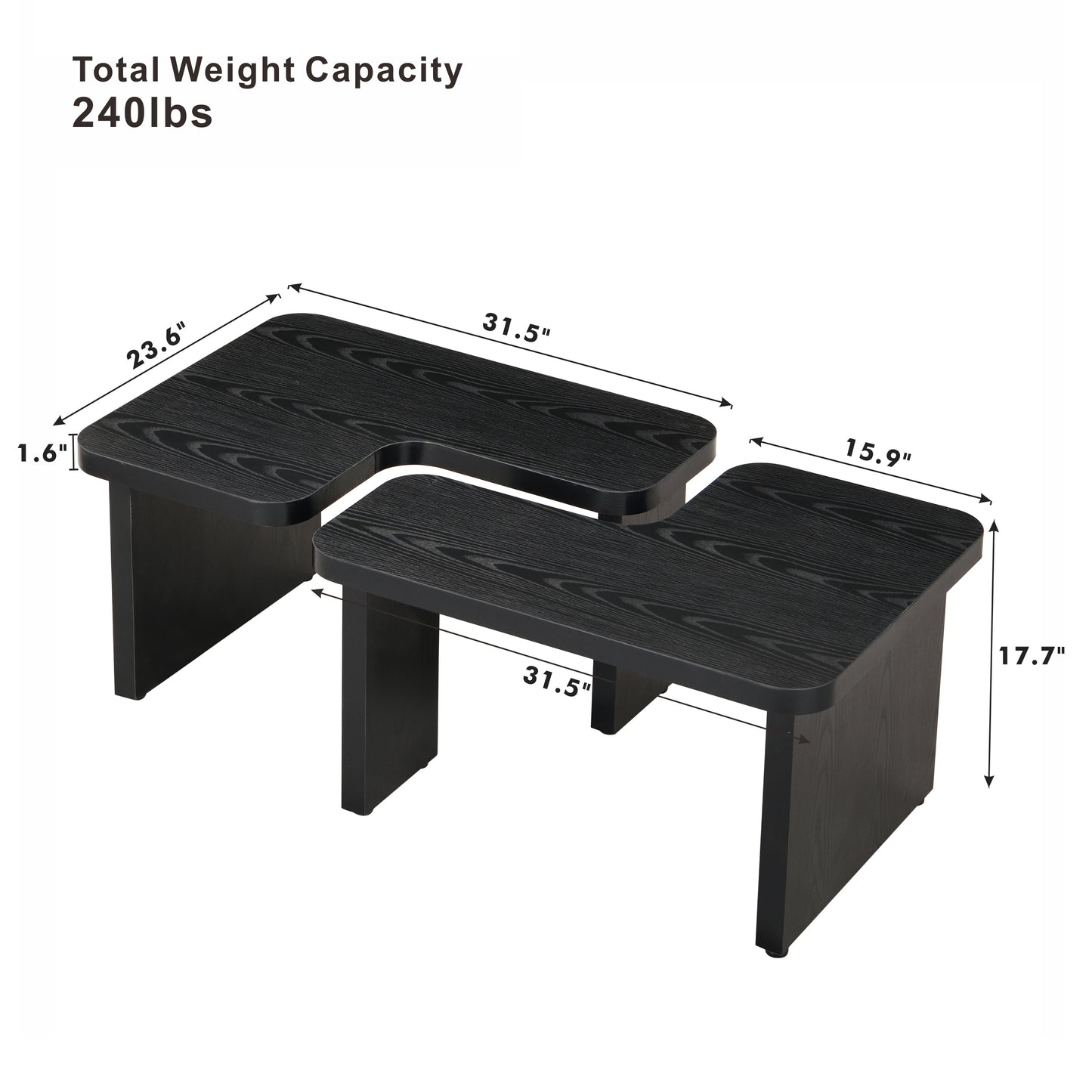 L-Shaped Coffee Table - Black MDF Desk Mount for Living Room