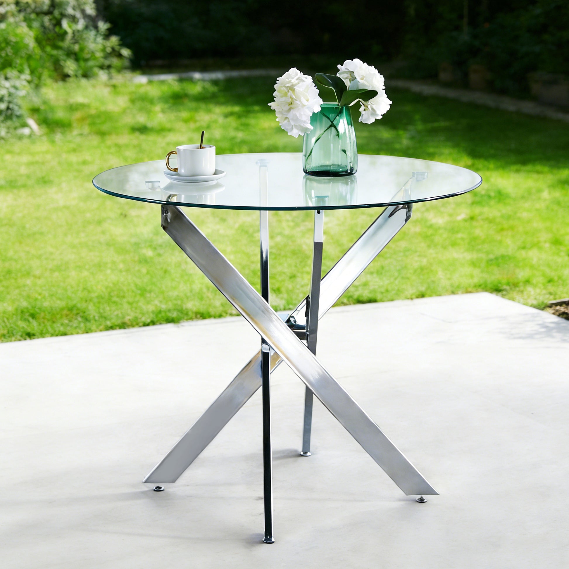Dining Table with cross metal leg and tempered glass,Modern Space Saving Kitchen Table for Living Room,chrome legs
