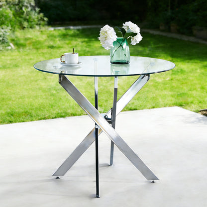 Dining Table with cross metal leg and tempered glass,Modern Space Saving Kitchen Table for Living Room,chrome legs