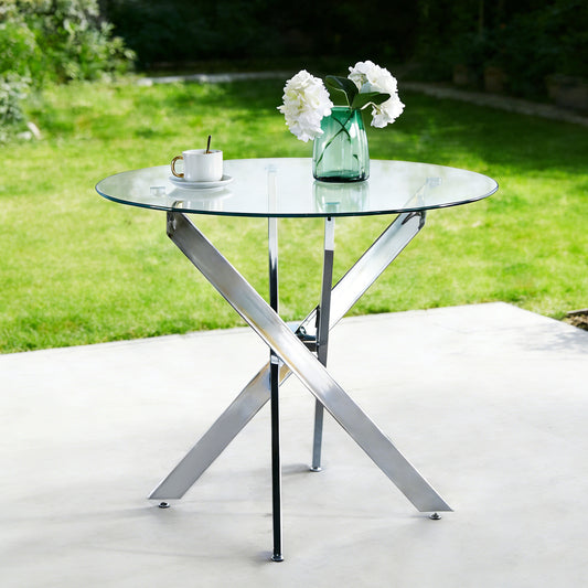 Dining Table with cross metal leg and tempered glass,Modern Space Saving Kitchen Table for Living Room,chrome legs