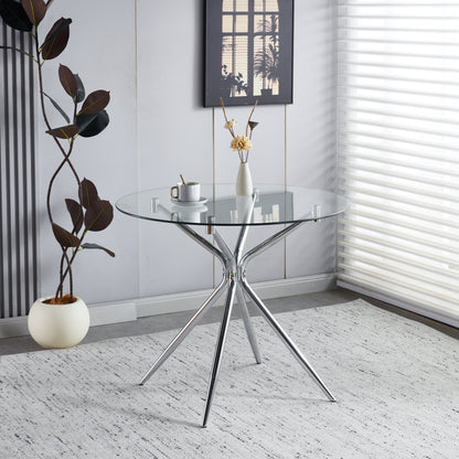 Dining Table with chrome metal leg and tempered glass,Modern Space Saving Kitchen Table for Living Room,chrome color metal legs
