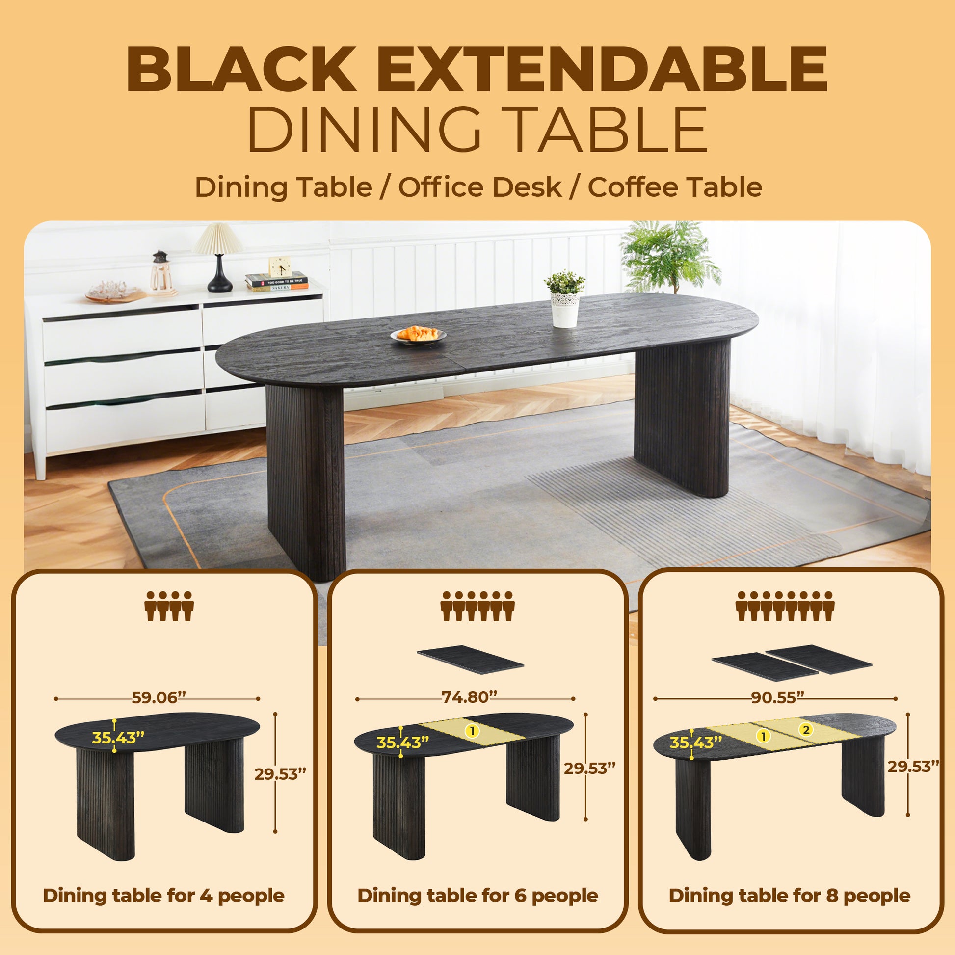 Black MDF Extendable Dining Table - Office Desk