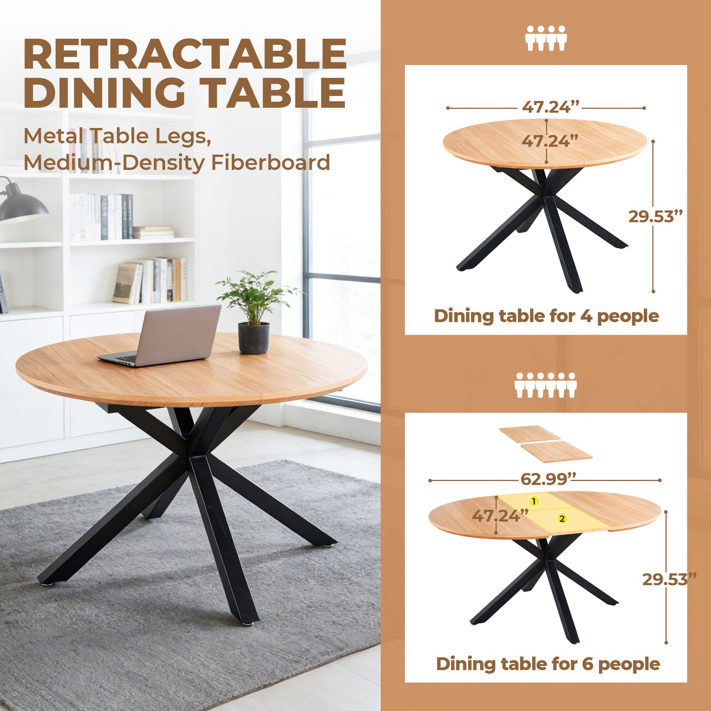120/160cm Extendable Dining Table - Oak MDF Top for Living Room