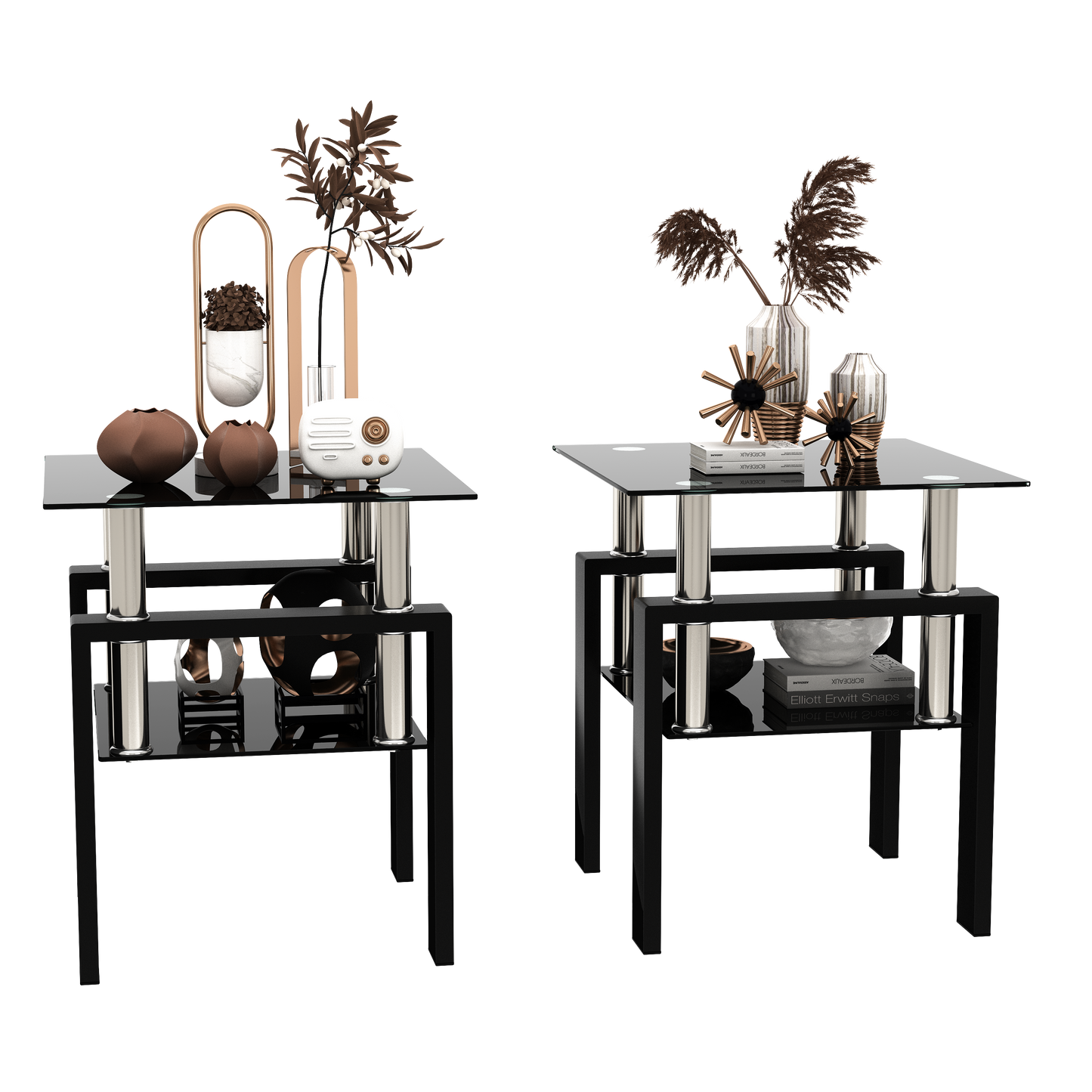 Set of 2 Modern Black Tempered Glass Tables - Coffee & Tea