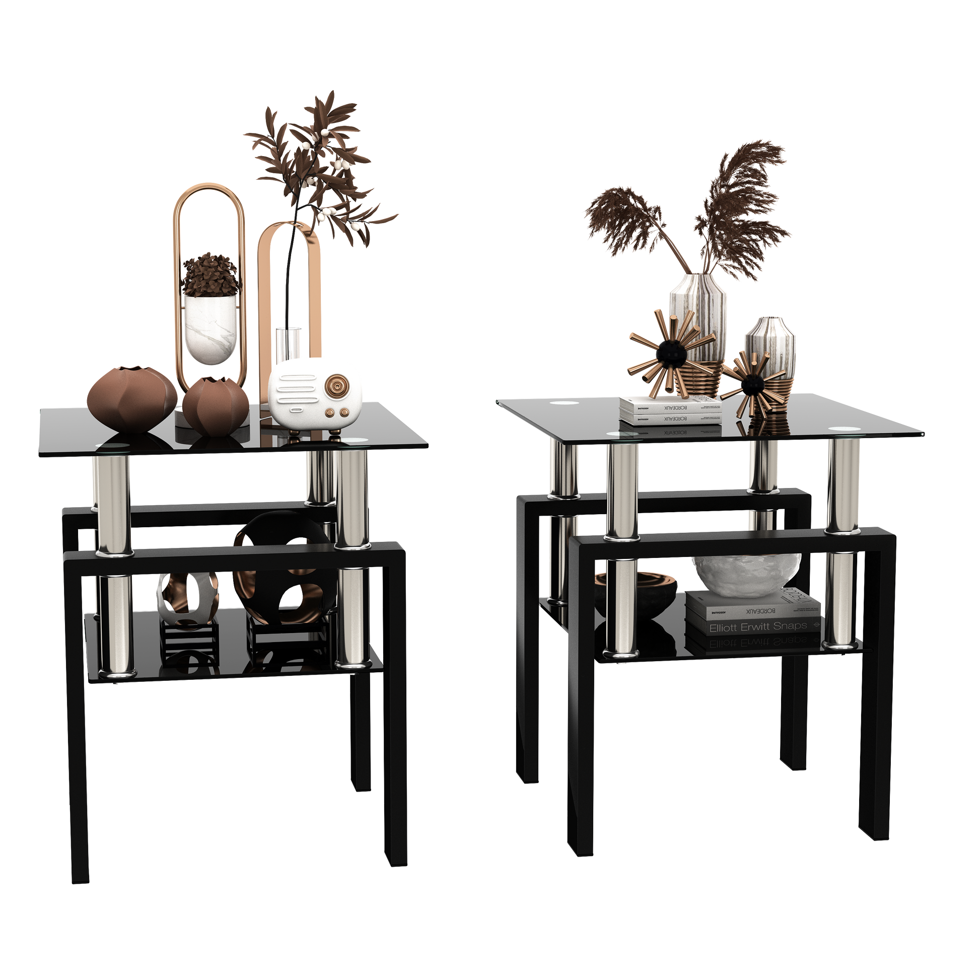 Set of 2 Modern Black Tempered Glass Tables - Coffee & Tea