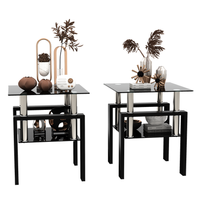 Set of 2 Modern Black Tempered Glass Tables - Coffee & Tea