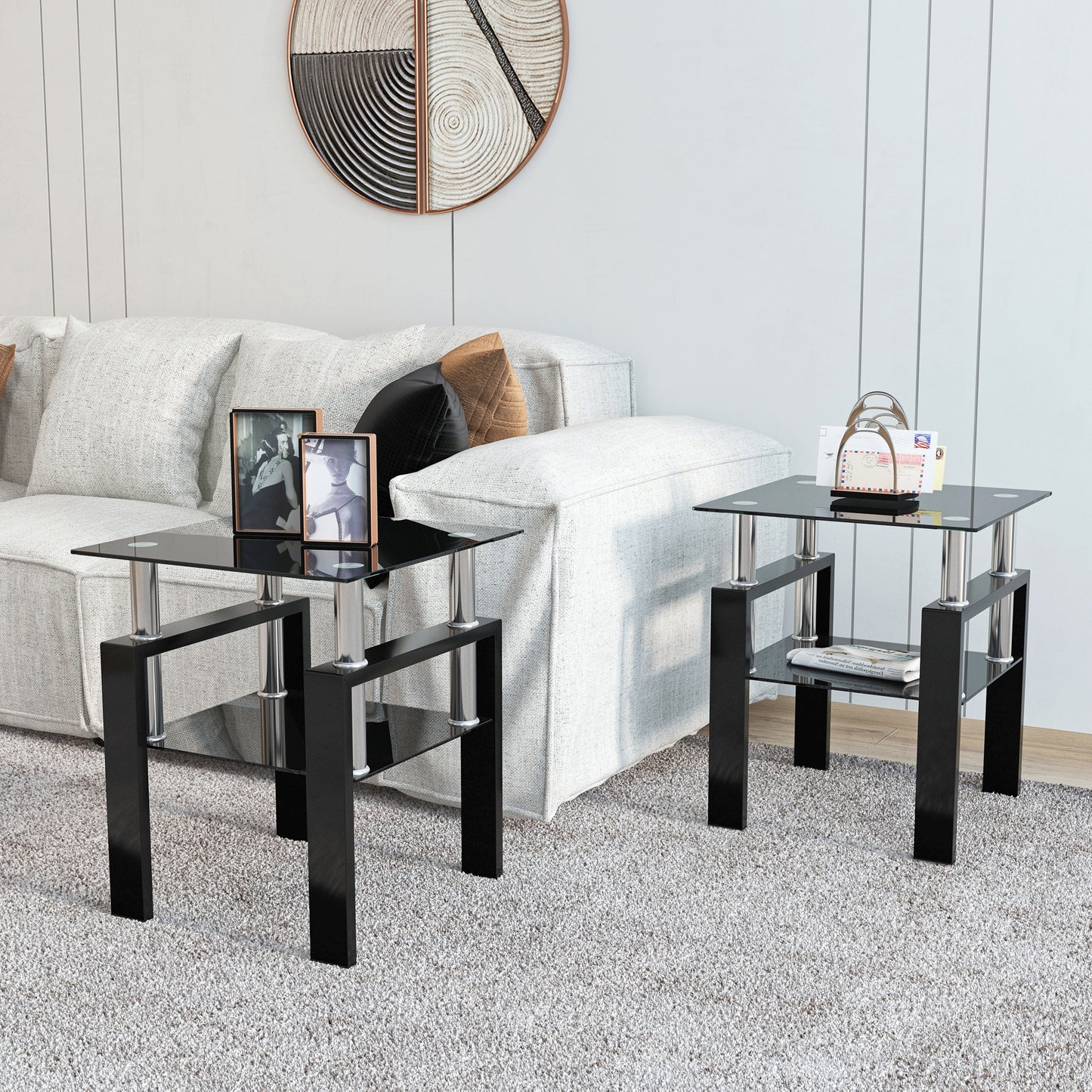 Set of 2 Modern Black Tempered Glass Tables - Coffee & Tea