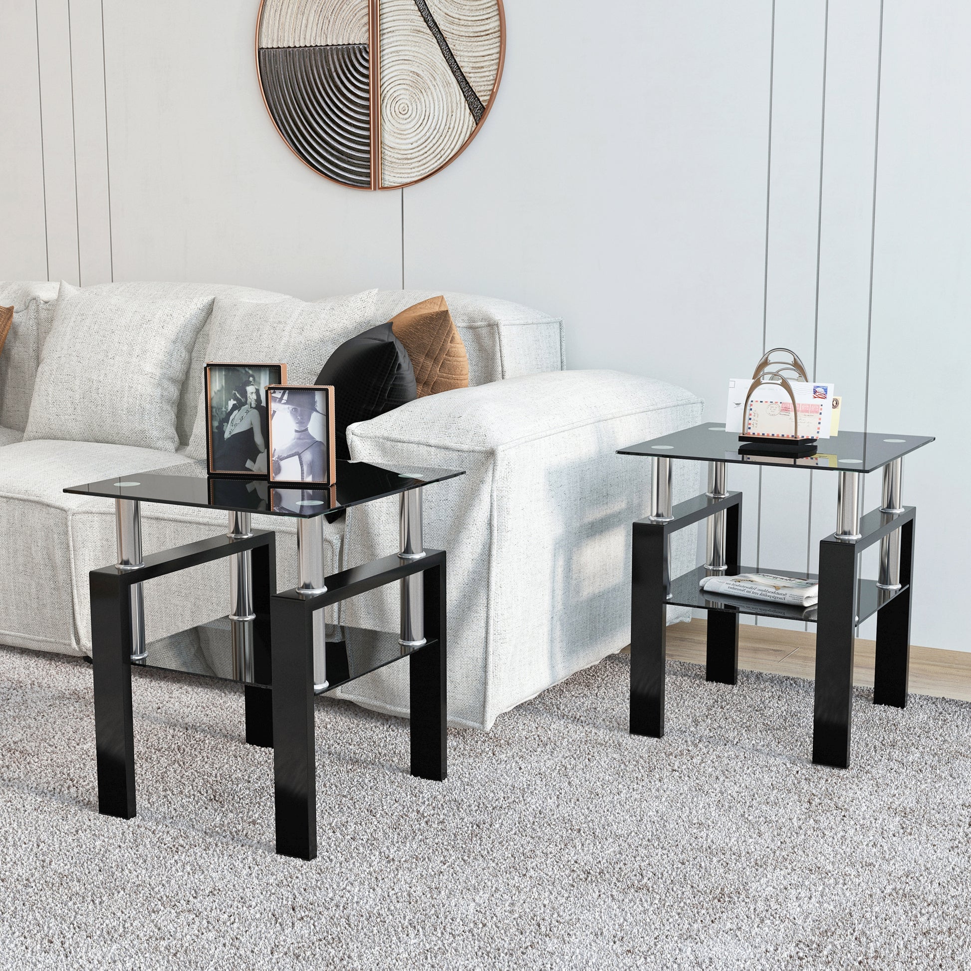 Set of 2 Modern Black Tempered Glass Tables - Coffee & Tea