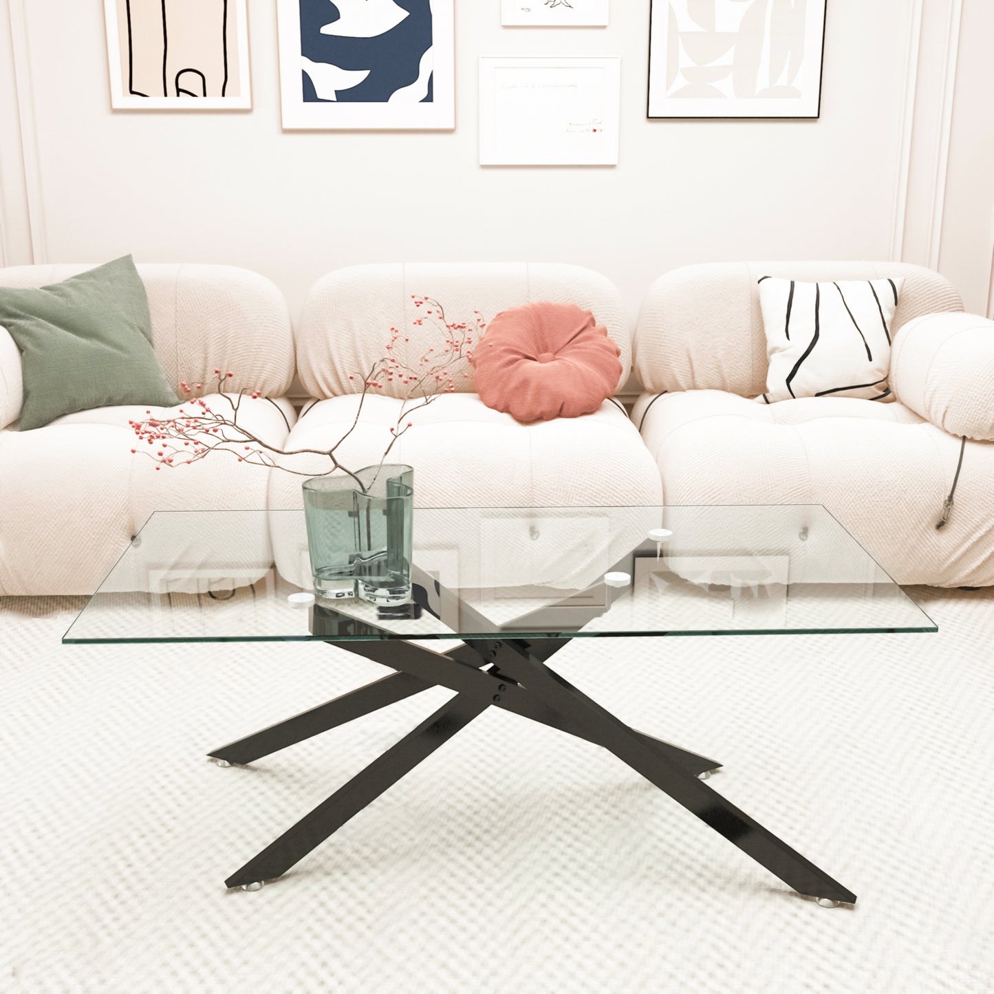 39.37" Rectangular Clear Tempered Glass Coffee Table,Stylish Design with Black Metal Legs, Coffee Table for Living Room