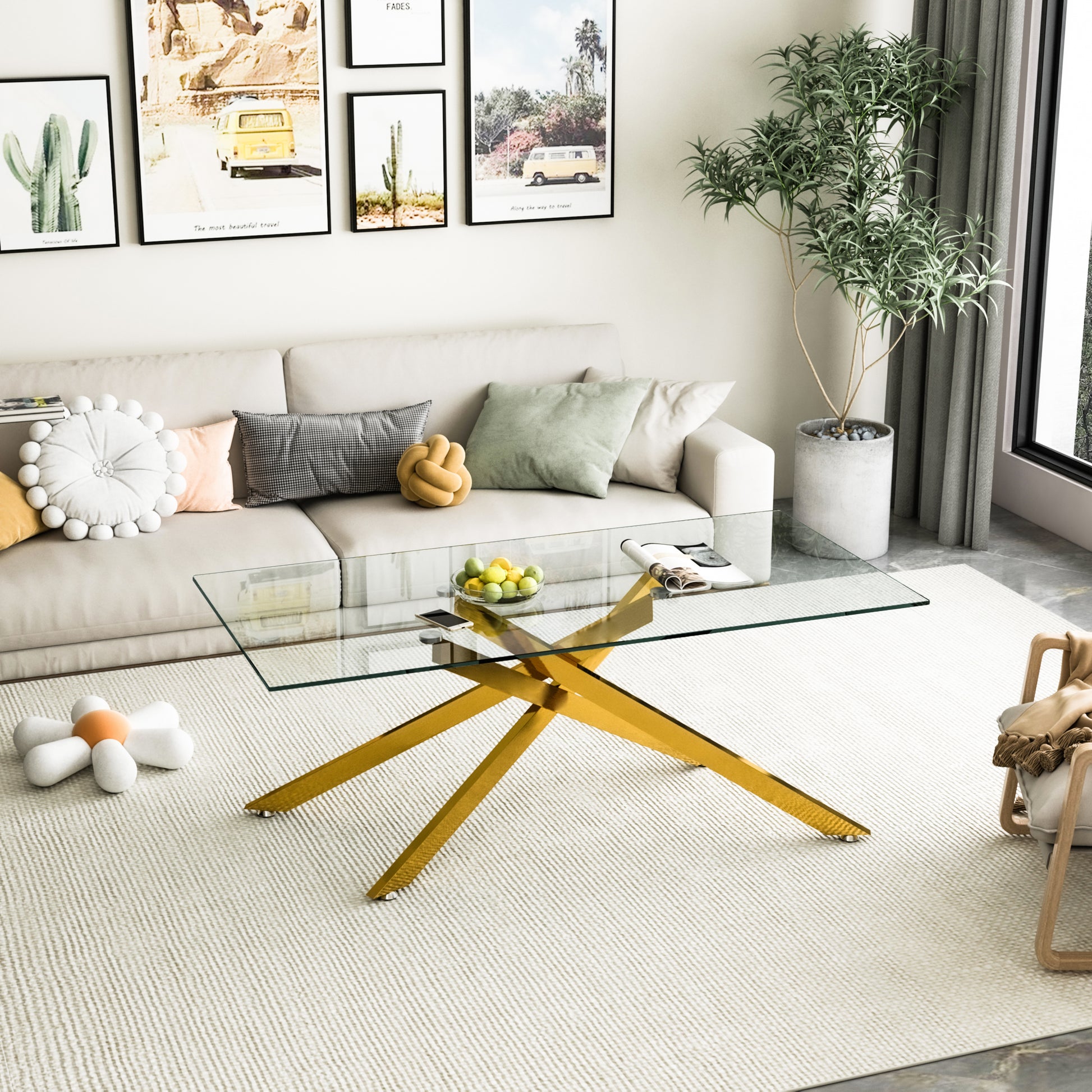 Golden Tempered Glass Coffee Table - 47.2" Rectangular