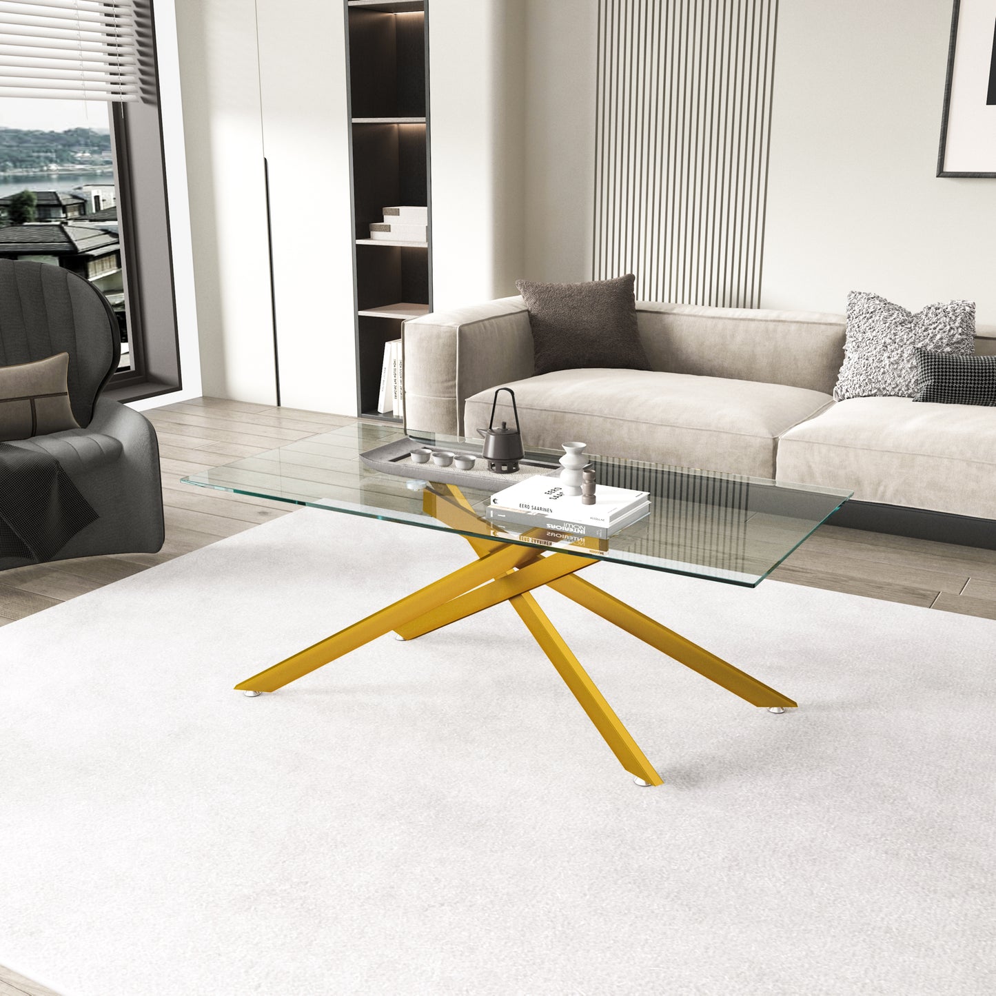 Golden Tempered Glass Coffee Table - 47.2" Rectangular